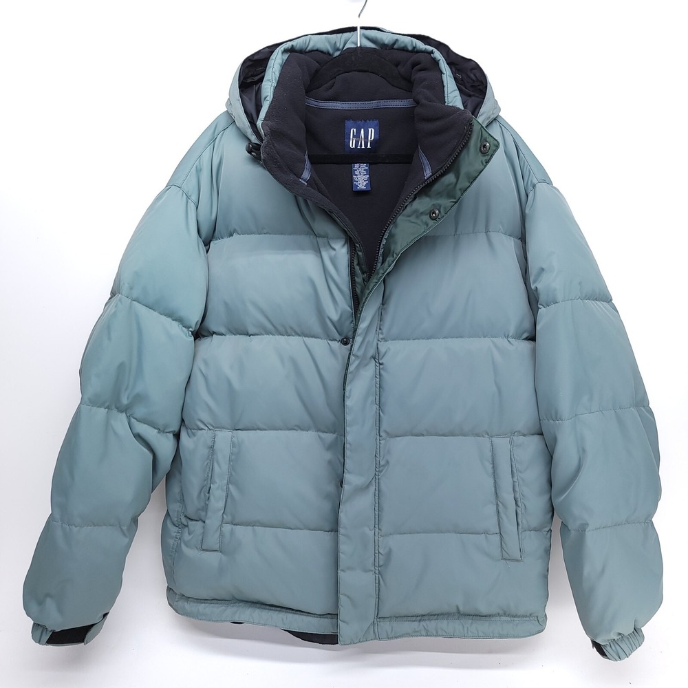Y2K Puffer Jacket GAP Mens L Sage‎ Color Down Coat Packable Hood NICE
